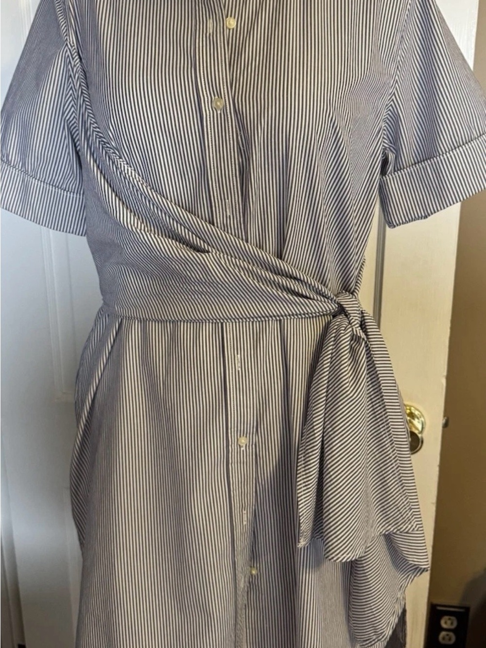 Pin striped navy and white side tie shirt dress Large 100% Cotton